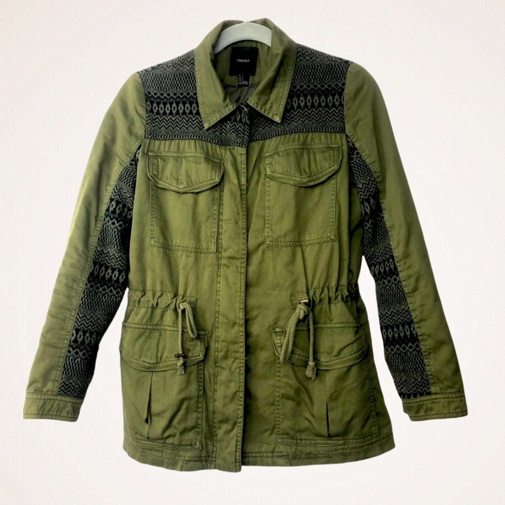 Forever 21 Utility Army Cotton and Wool Green Jacket Size S